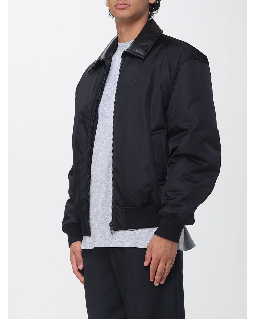 Balenciaga Blue Padded Nylon Bomber Jacket With Leather Collar for men