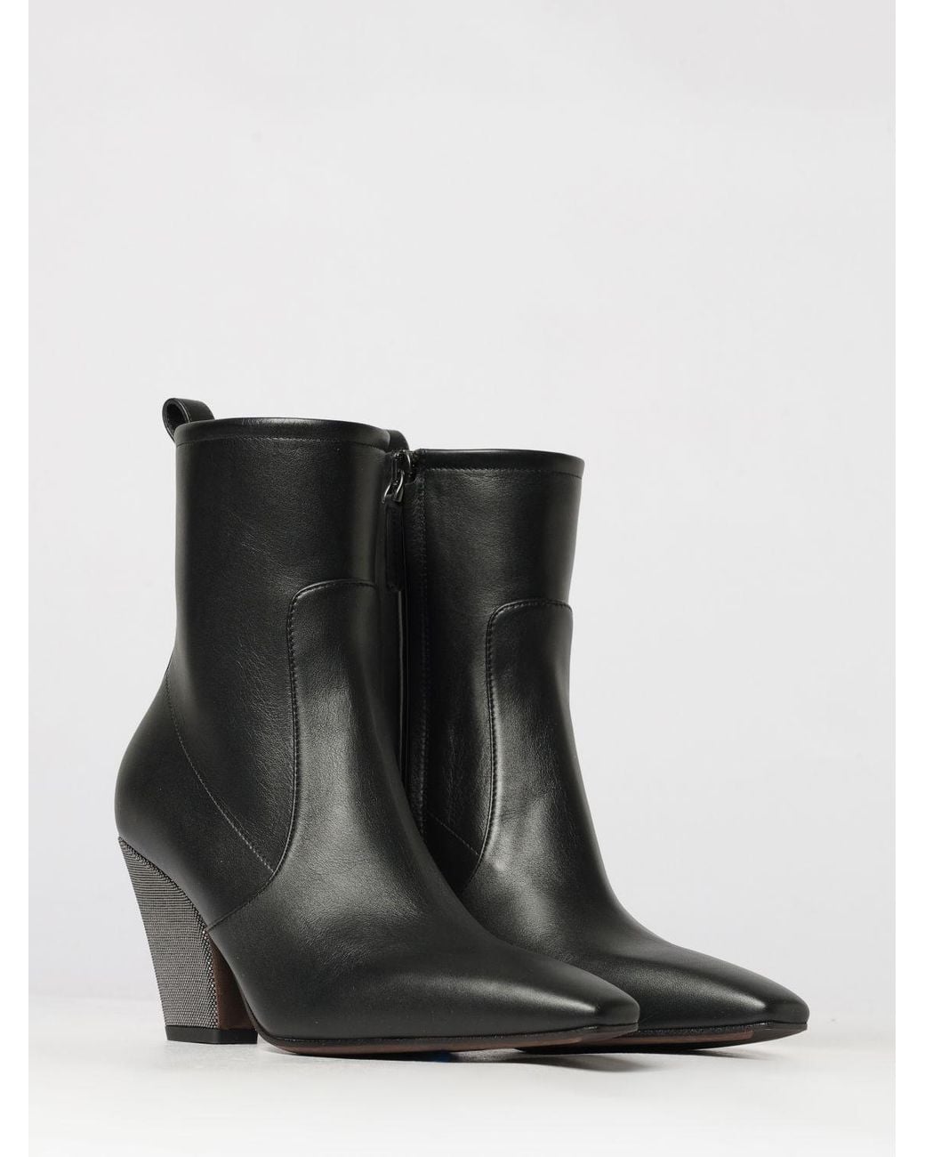 Brunello Cucinelli Black Leather Ankle Boots With Flared Heel And Monili