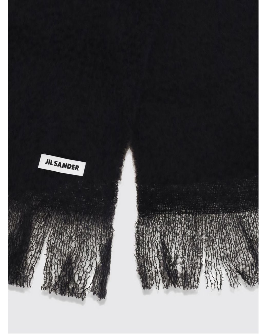 Jil Sander Black Fringed Mohair Wool Blend Scarf With Applied Logo Patch