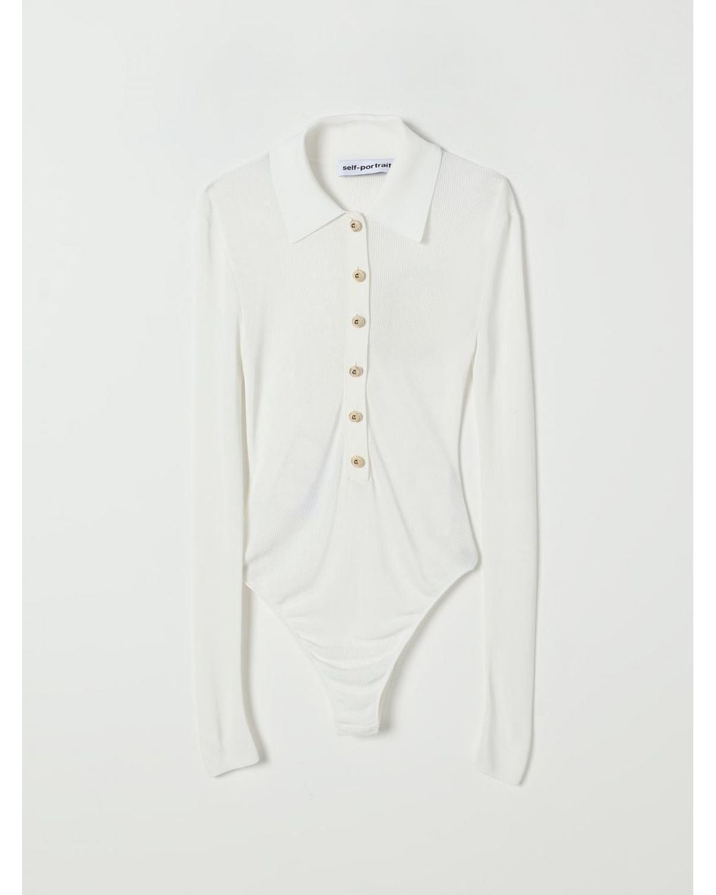 Self-Portrait White Ribbed Knit Collared Button-Up Top With Long Sleeves For Stylish Comfort