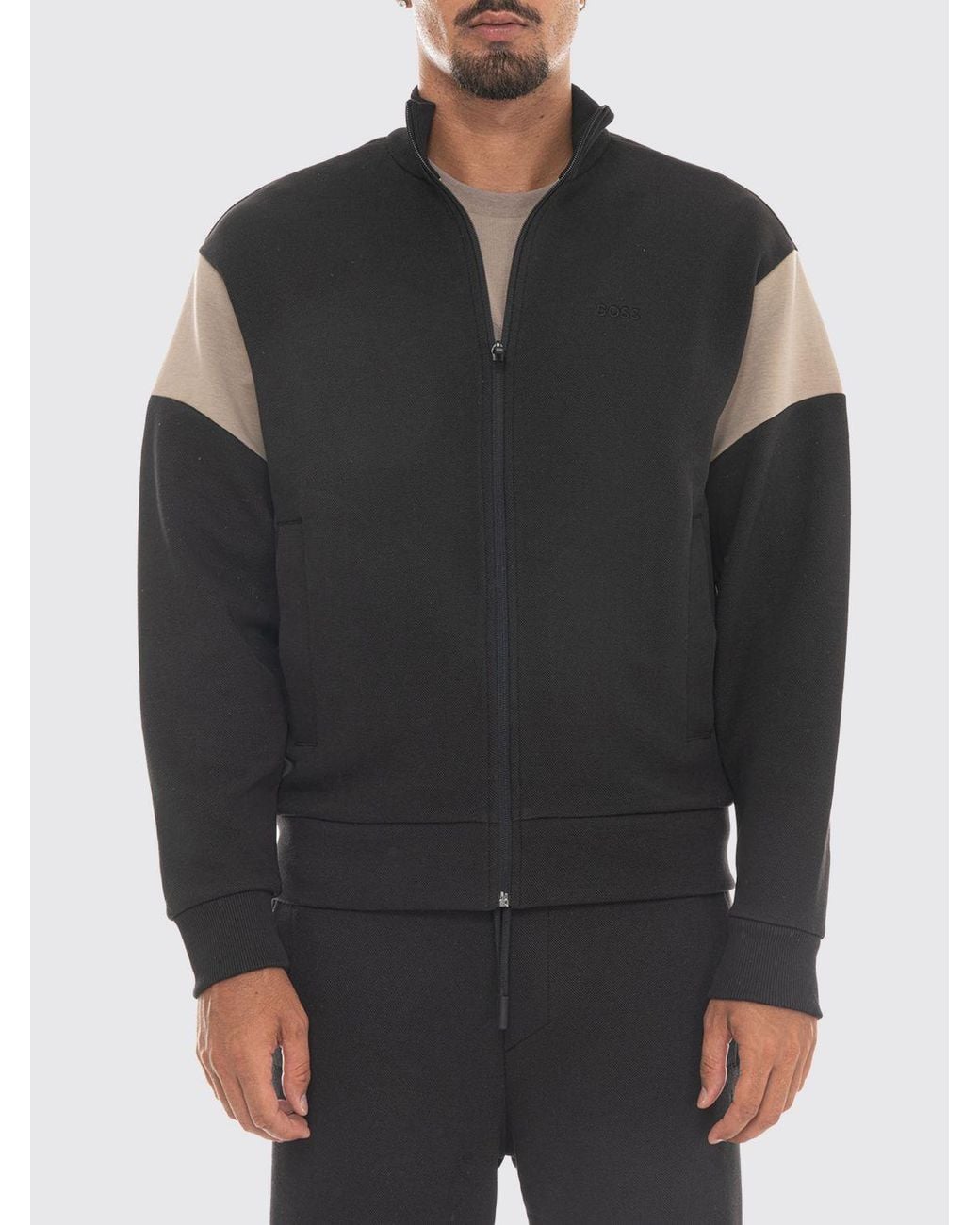 Boss Black Mock Neck Zip-Up Cotton Jumper With Contrast Tipping for men