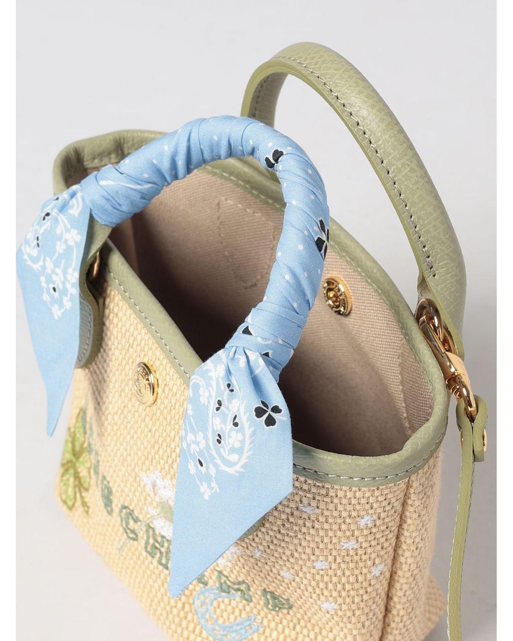 Longchamp Blue Le Pliage Collection Floral Embroidery Raffia Mini Tote