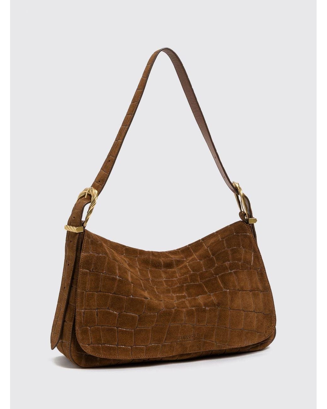 Twinset Brown Animalier Croc-Embossed Suede Shoulder Bag
