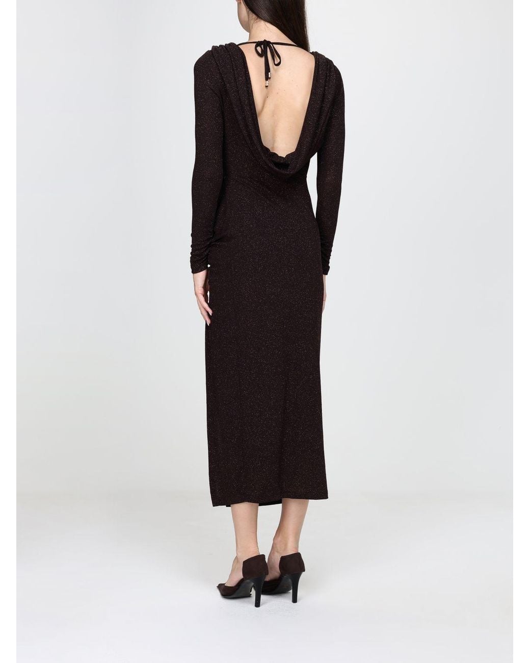 Hanita Black Draped Lurex Jersey Midi Sheath Dress With Side Slit