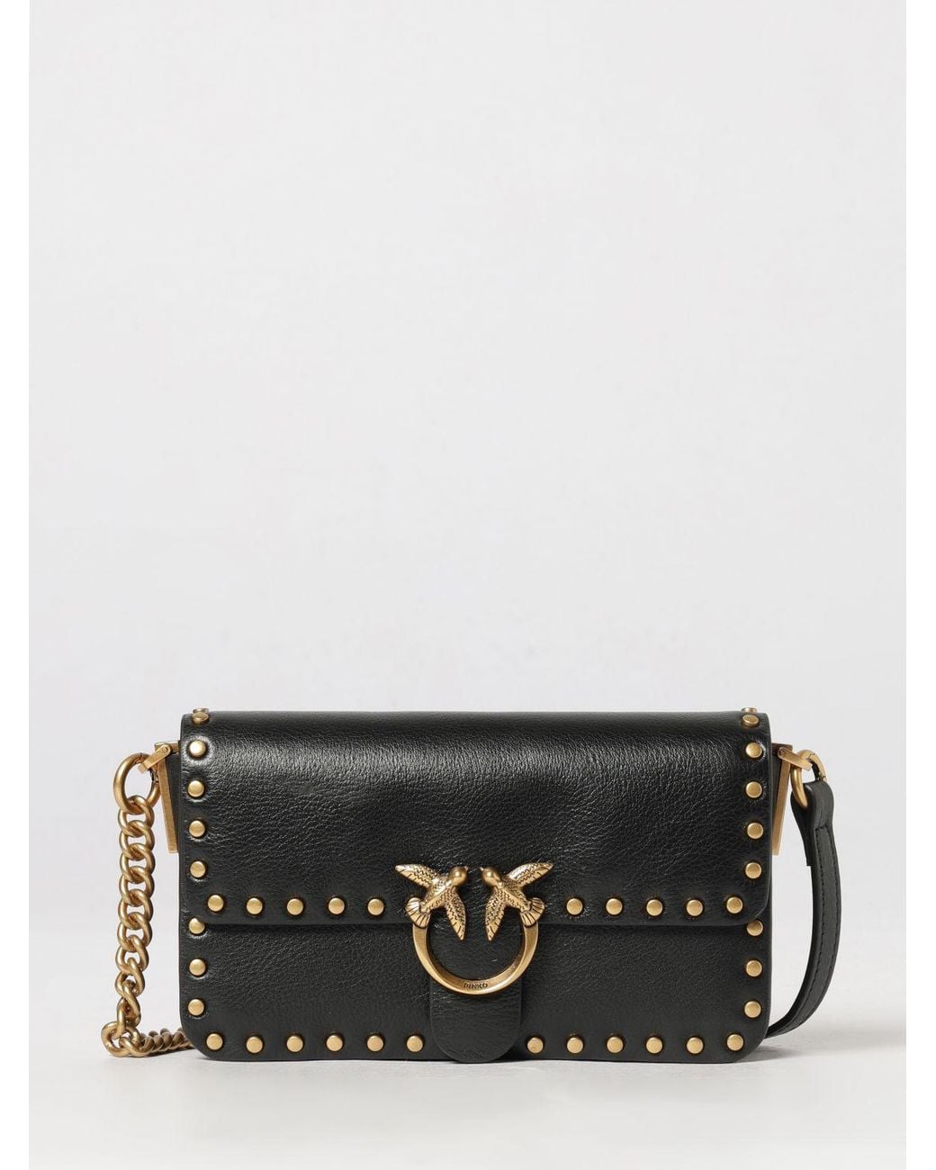 Pinko Gray Love Birds Calfskin Mini Crossbody Bag With Studs