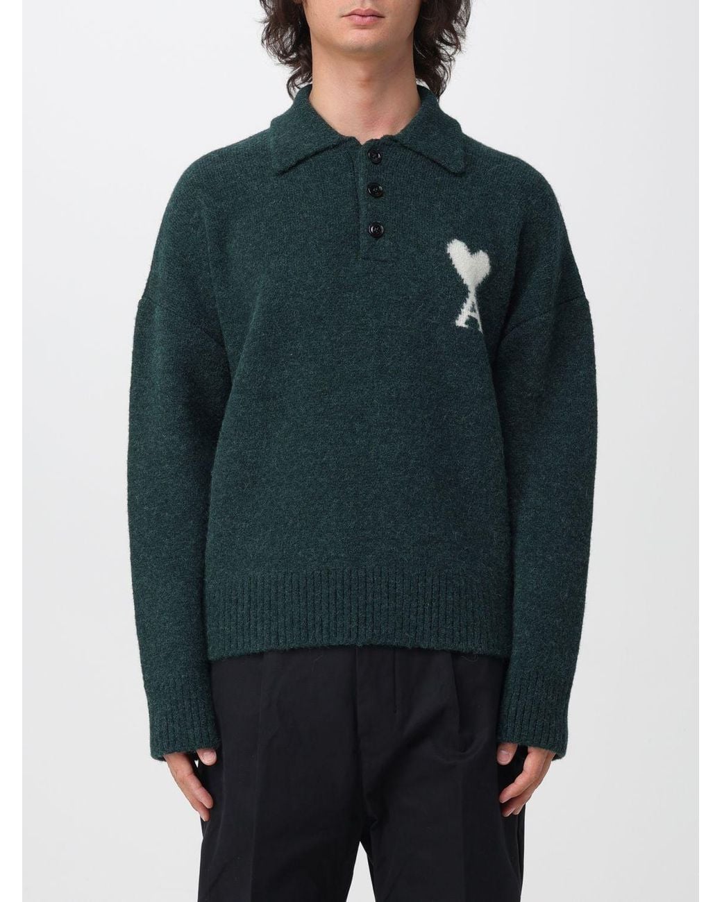 AMI Blue Alpaca Wool Blend Knitted Polo Shirt With Jacquard Logo for men