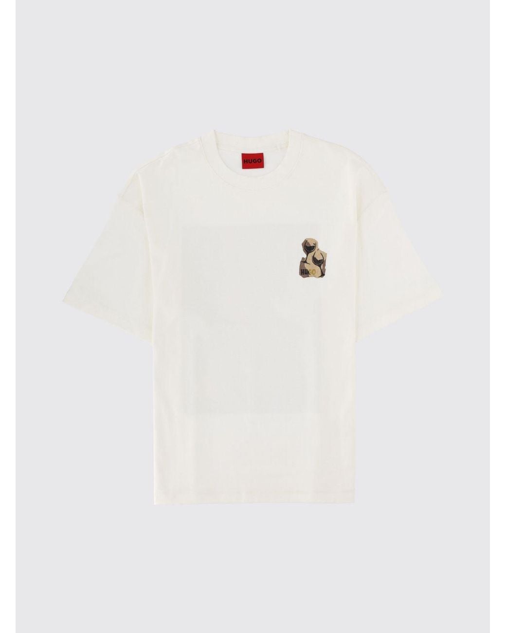 HUGO White Cotton T-Shirt With Graphic Print And Dropped Shoulders for men