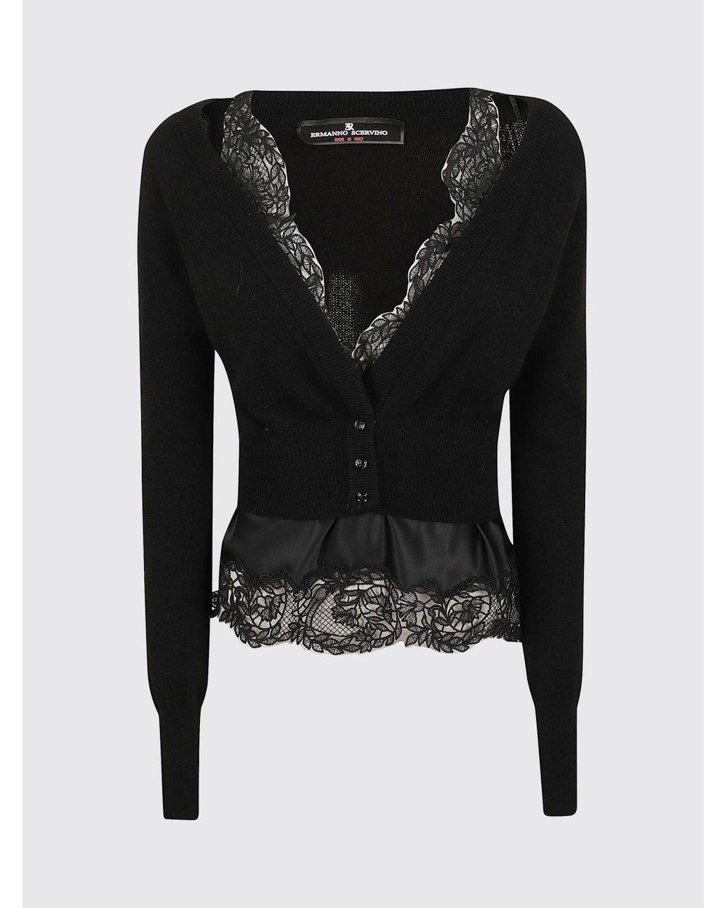 Ermanno Scervino Black Pure Cashmere Cardigan With Lace And Ruffled Hem