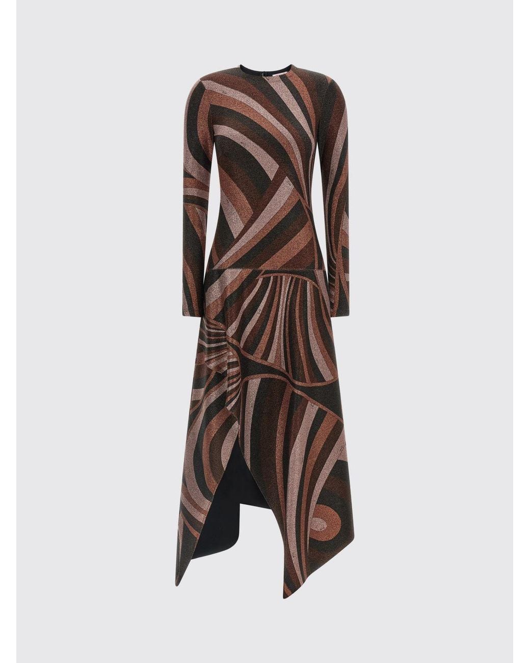 Emilio Pucci Red Iride Long-Sleeved Asymmetric Abstract Print Lurex Jersey Midi Dress