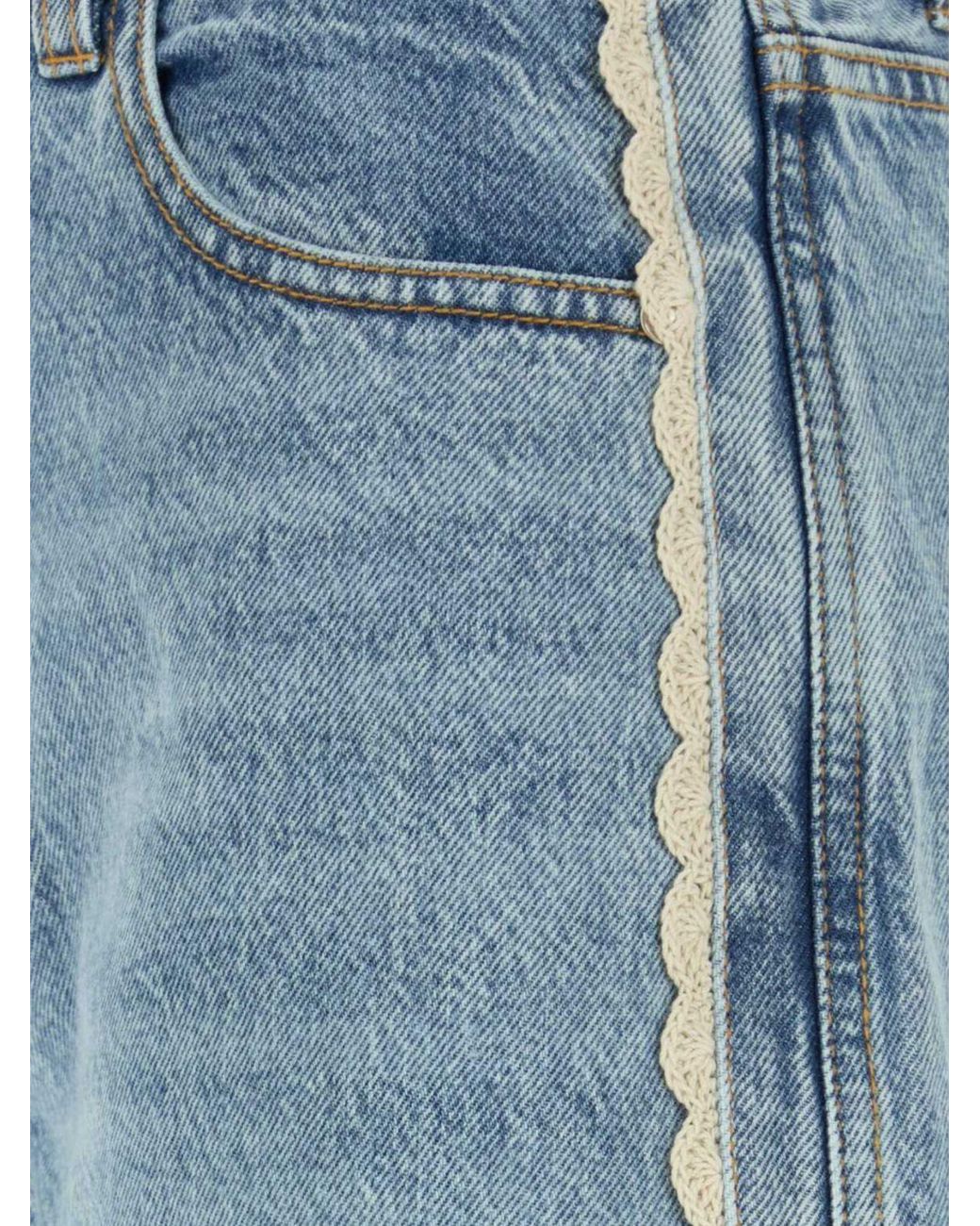 FRAME Blue The Crochet Bow High-Waisted Wide Leg Jeans With Lace Inserts