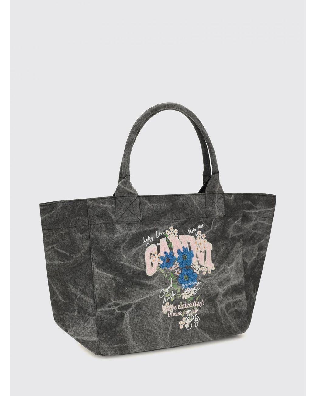 Ganni Multicolor Medium Recycled Cotton Tote Bag With Floral Print
