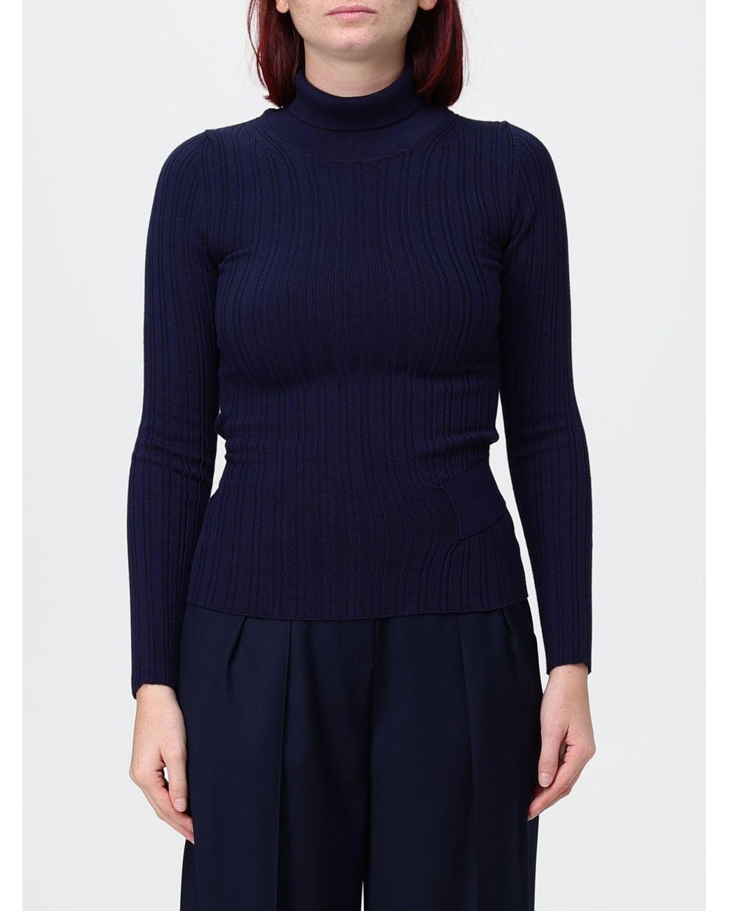SIMONA CORSELLINI Blue Slim Fit Cotton Turtleneck With Tie-Waist Belt