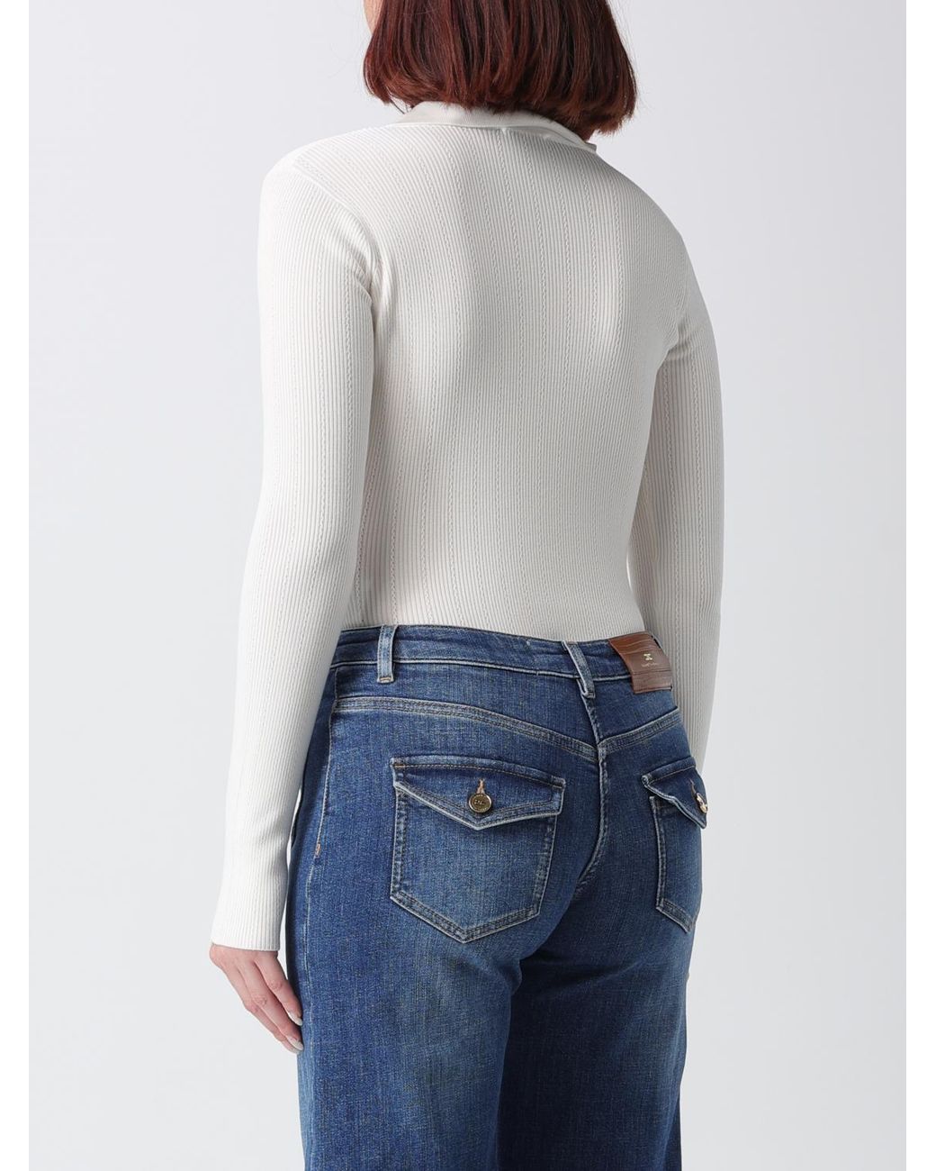 Elisabetta Franchi White Slim Fit Long-Sleeved V-Neck Bodysuit With Ruffles
