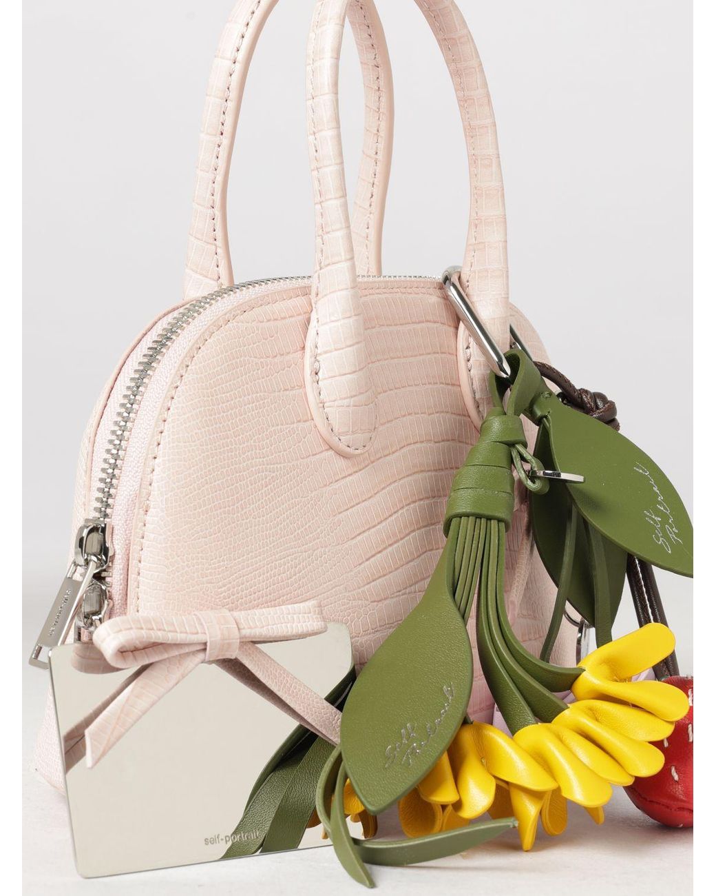 Self-Portrait Natural Bovine Leather Mini Handbag With Double Handle And Charm