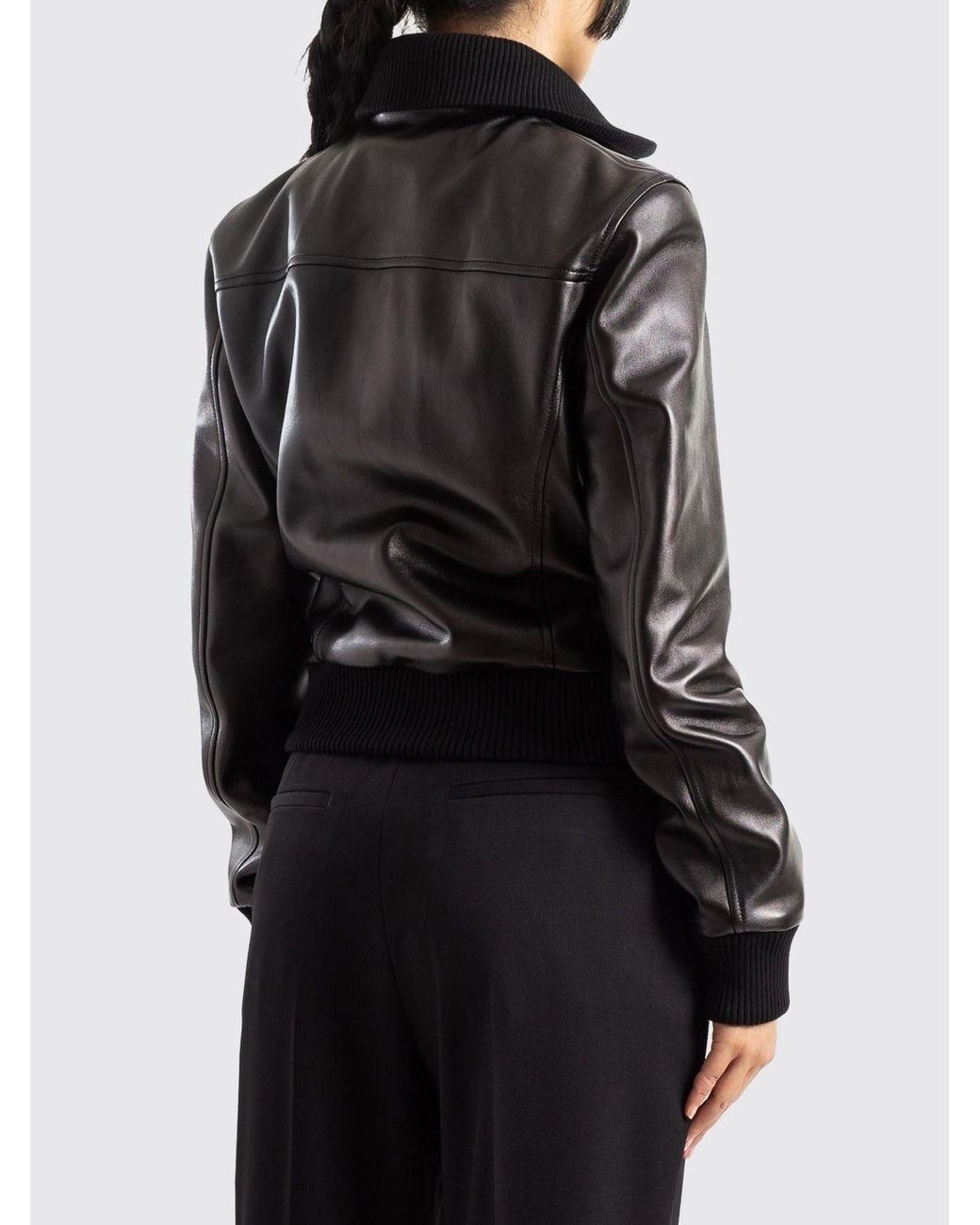 Balenciaga Black Leather Bomber Jacket With Ribbed Collar And Zip Closure