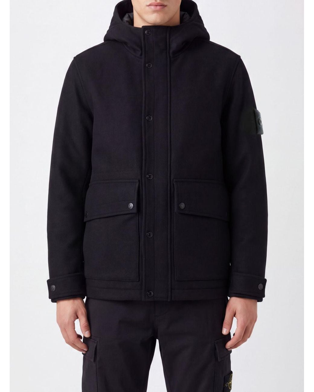 Stone Island Blue Hooded Wool Parka With Compass Logo Badge for men
