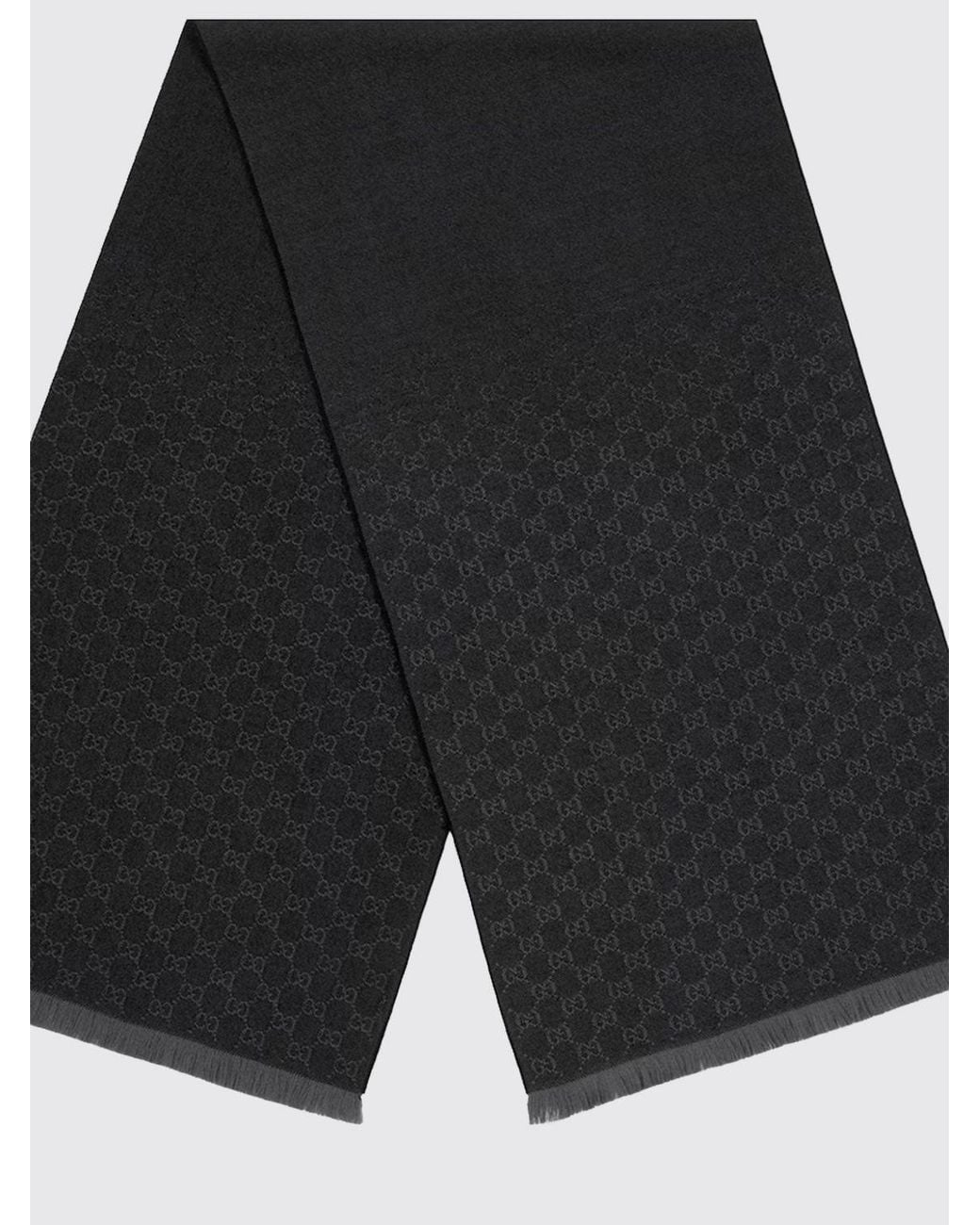 Gucci Black Gg Monogram Jacquard Wool Scarf With Fringed Edges