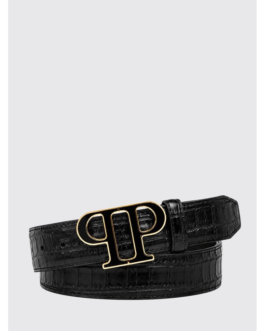 Philipp Plein Black Croc-Embossed Calfskin Belt With Monogram Buckle for men