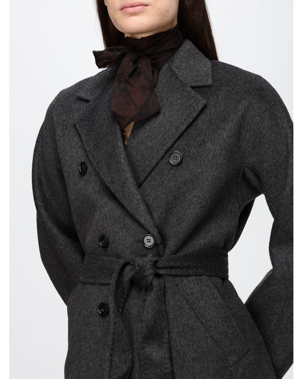 Twinset Black Wool Blend Robe Coat With Belt And Rever Collar