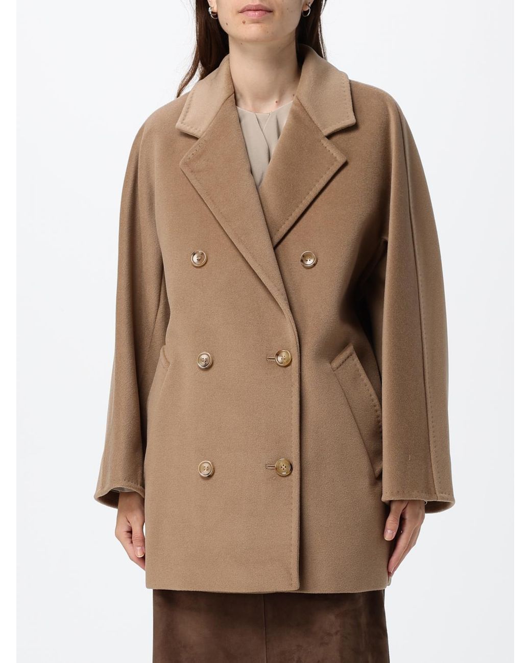 Max Mara Natural Double-Breasted Wool Caban Coat With Relaxed Fit And Lapel Collar