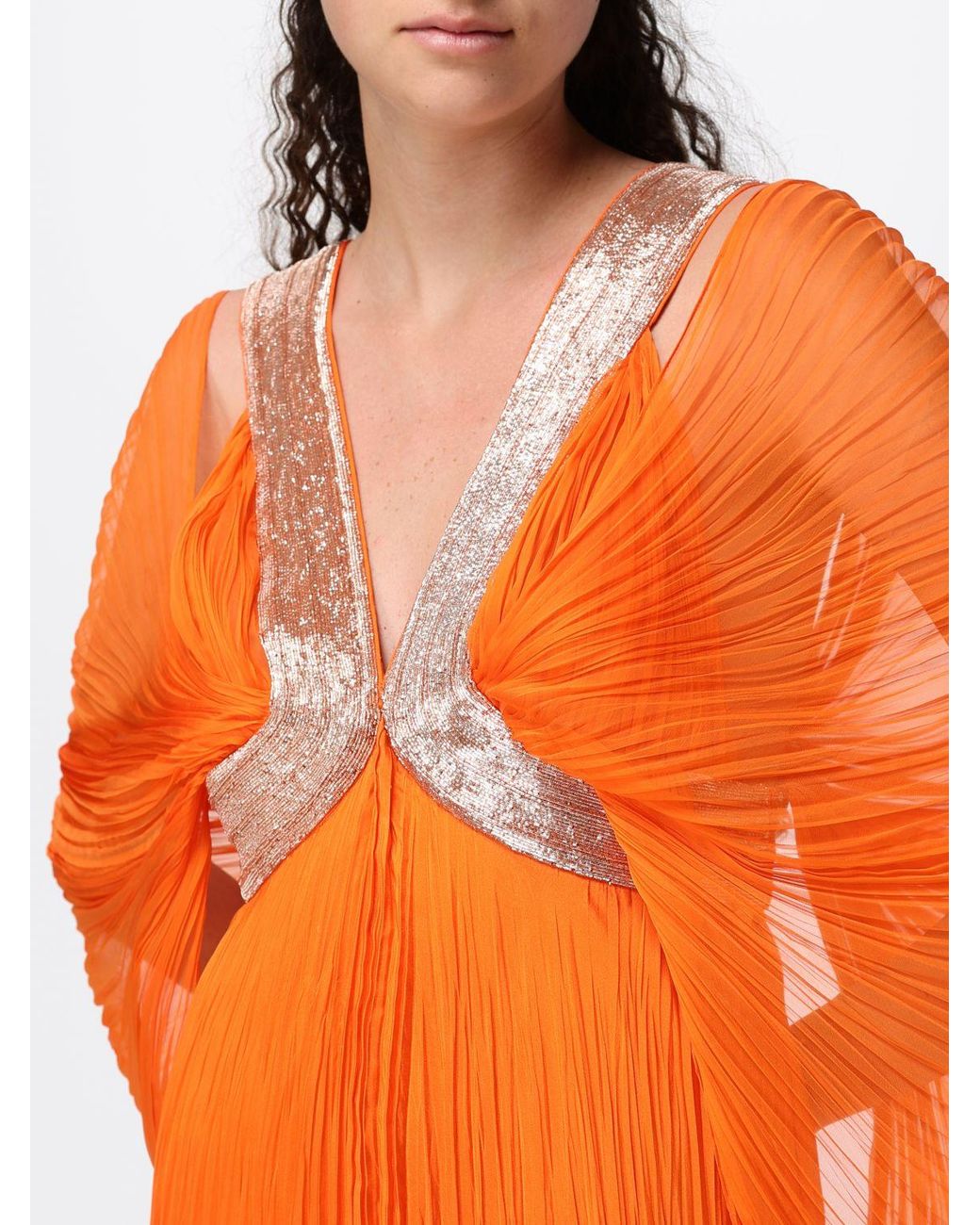 Alberta Ferretti Orange Long Pleated Silk Kaftan With Off-The-Shoulder Design