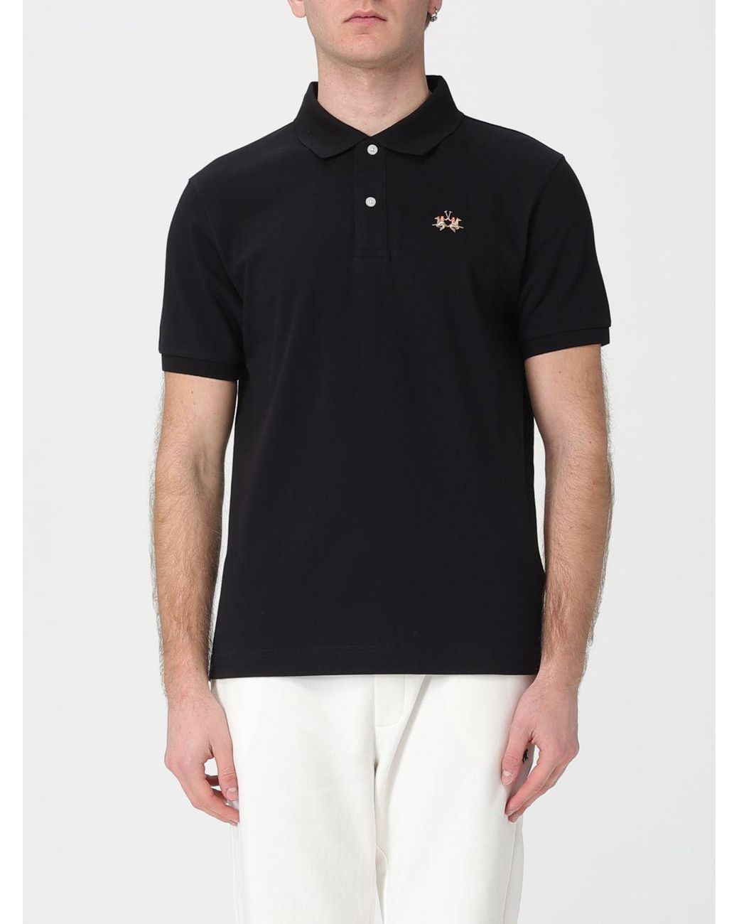 La Martina Black Cotton Polo Shirt With Logo for men