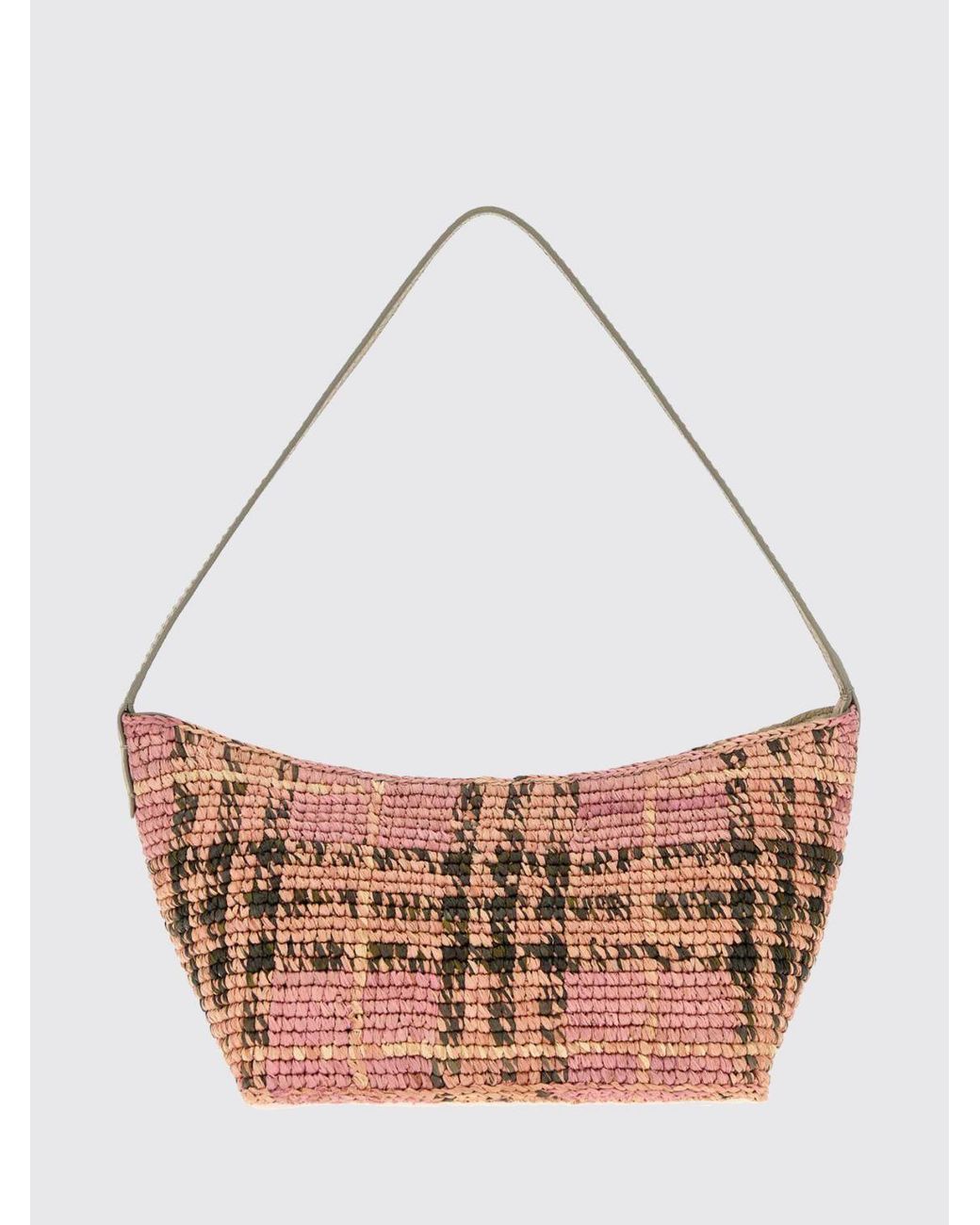 Burberry White Margate Vintage Check Raffia Shoulder Bag With Leather Handle