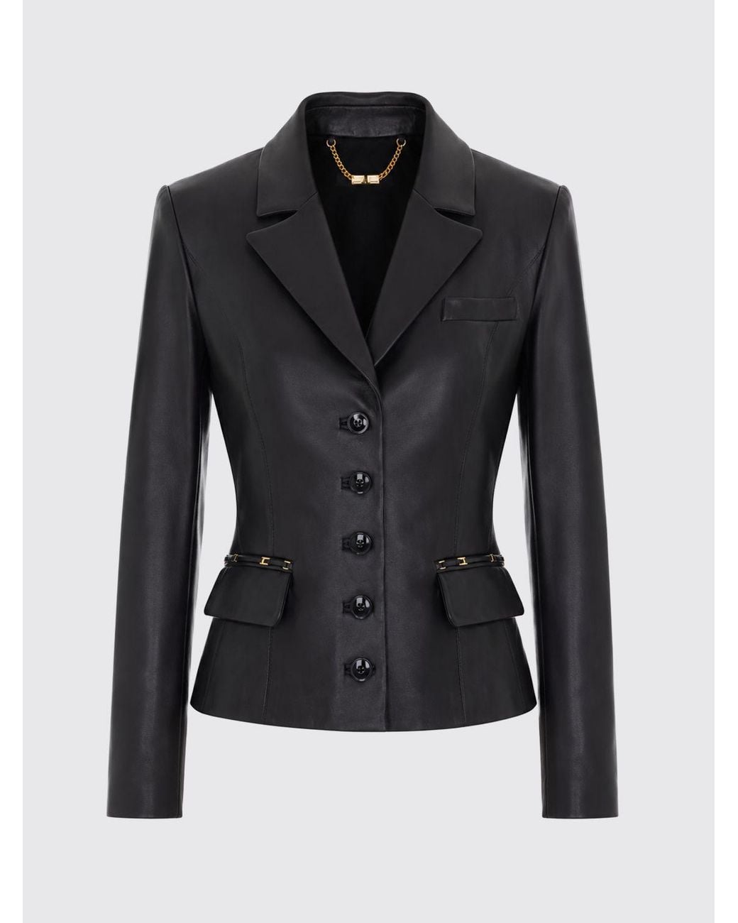 Elisabetta Franchi Black Slim Fit Leather Blazer With Peak Lapels