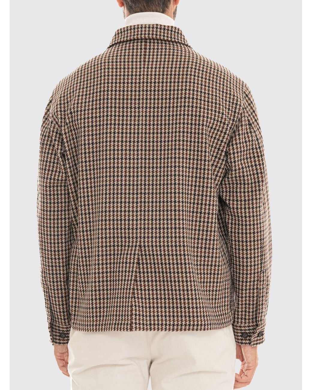 Boss Brown Houndstooth Wool And Cotton Blend Shirt Jacket With Patch Pockets for men