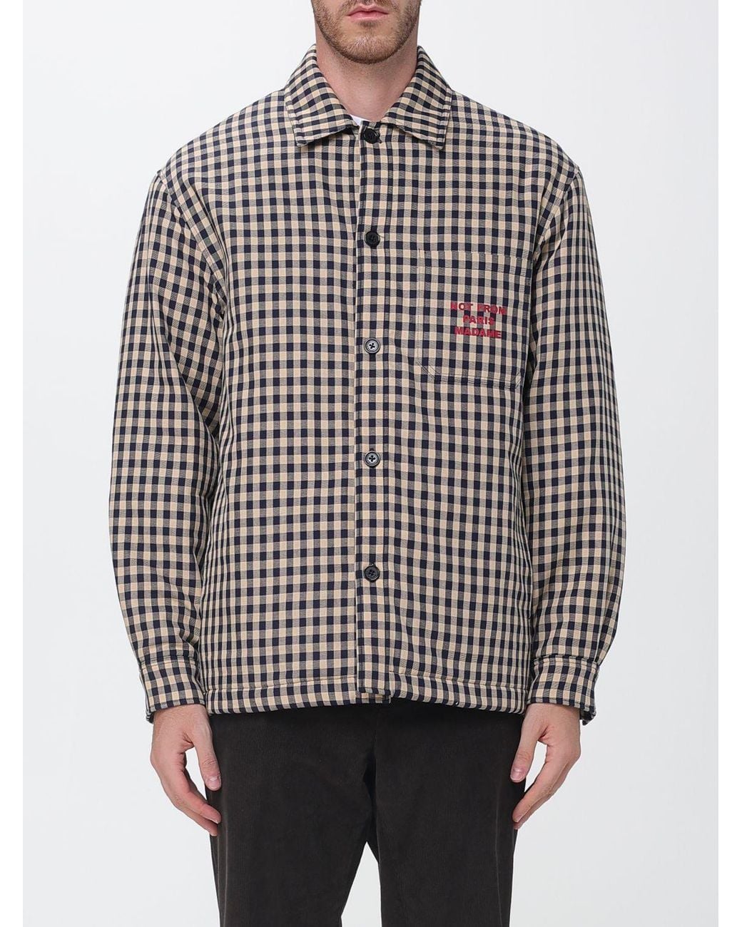 Drole de Monsieur Gray Checkered Cotton Shirt Jacket With Slogan Print for men
