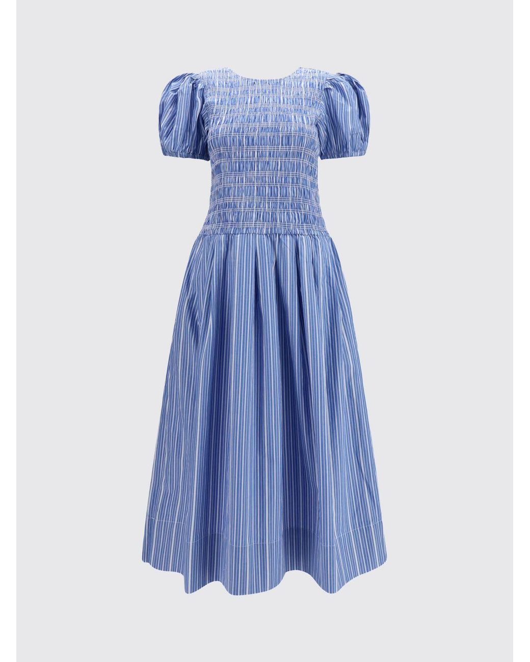 Ganni Blue Striped Cotton Midi Dress With Puff Sleeves