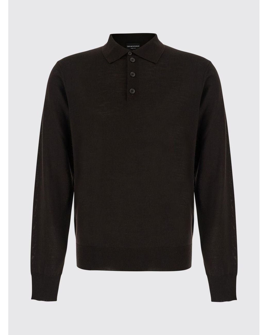 Emporio Armani Black Long-Sleeved Virgin Wool Knit Polo Shirt With Three-Button Placket for men