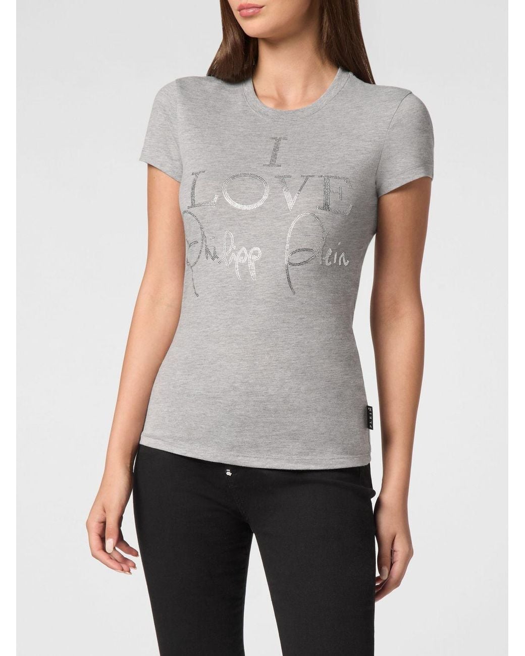 Philipp Plein Gray Jersey T-Shirt With Slogan Print And Rhinestone Embellishments