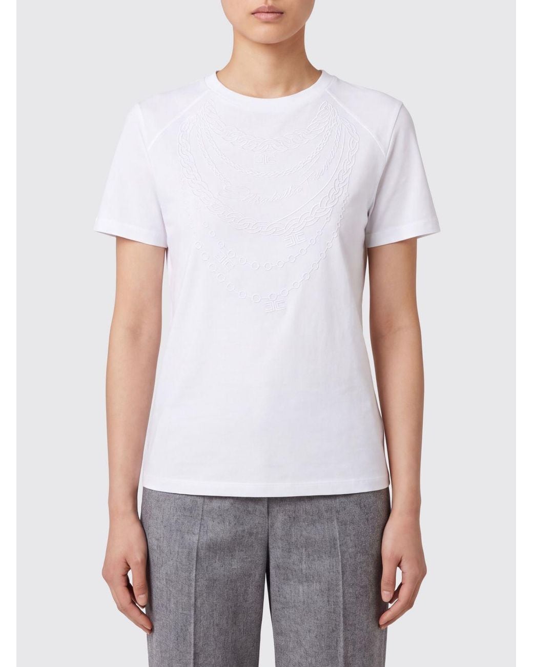 Elisabetta Franchi White Slim Fit Cotton T-Shirt With A Contrasting Graphic Print