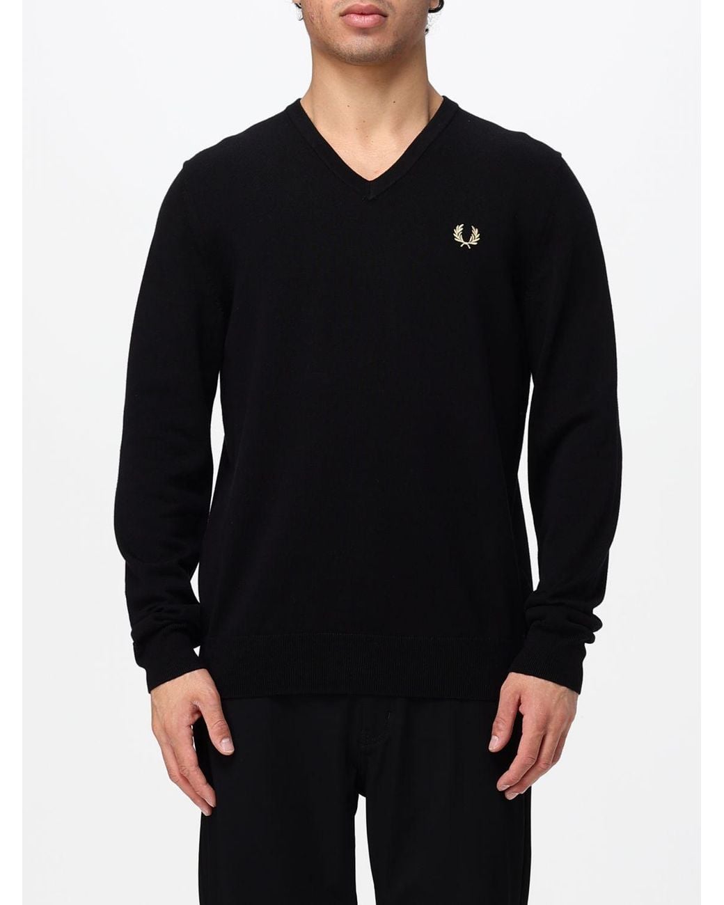 Fred Perry Black V-Neck Wool And Cotton Blend Jumper With Embroidered Logo for men