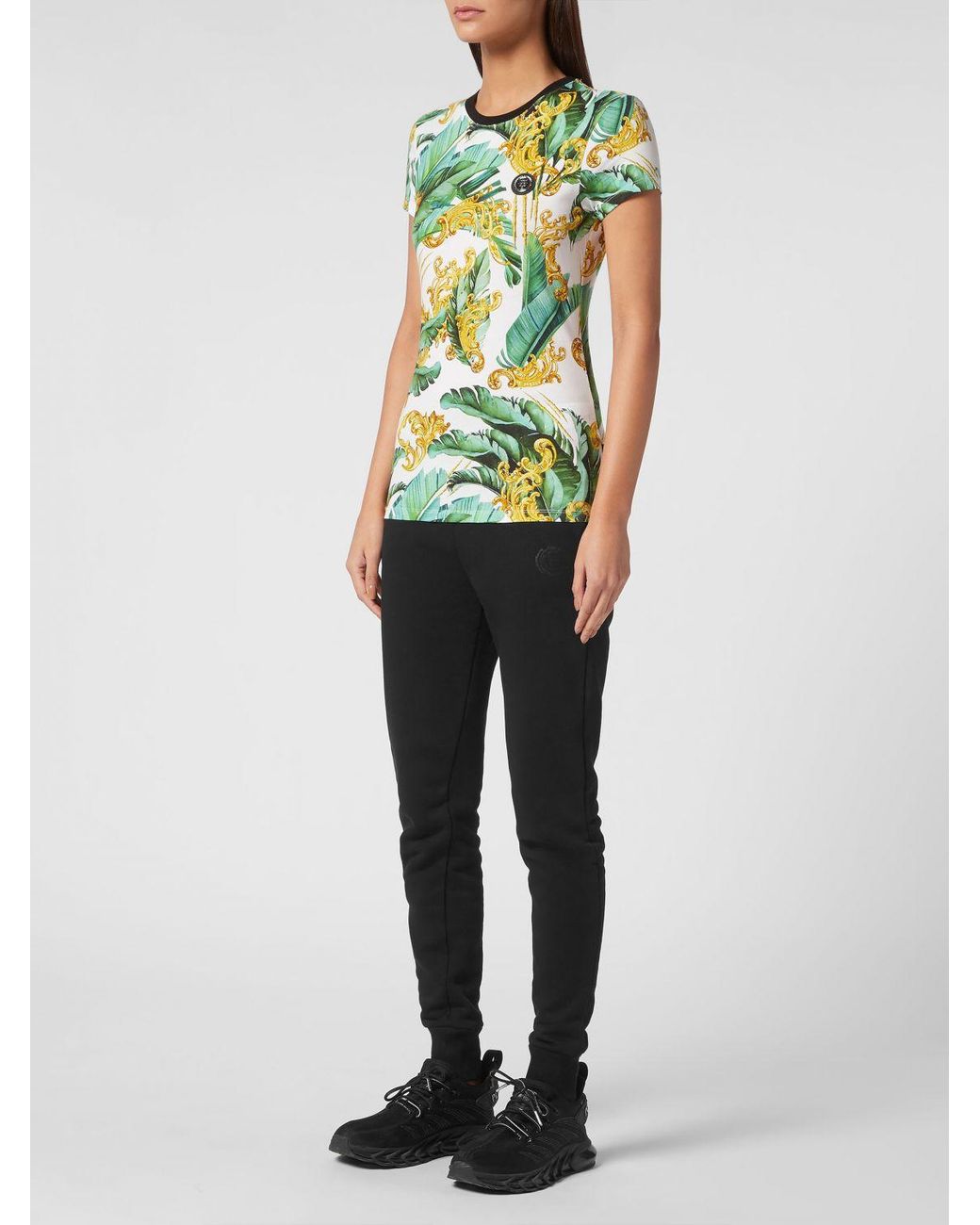 Philipp Plein Green Slim Fit Jersey T-Shirt With Baroque And Tropical Print
