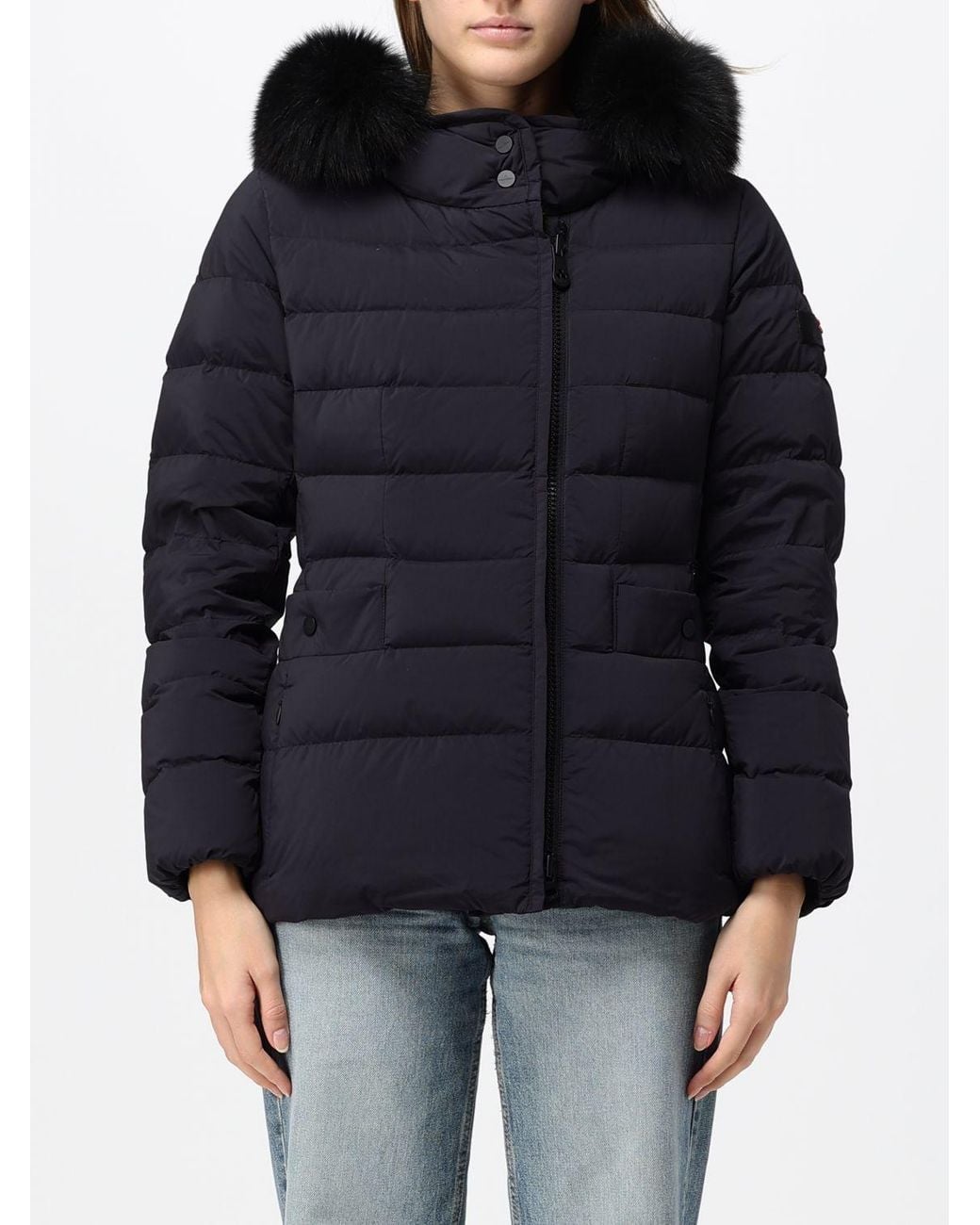 Peuterey Black Short Polyester Down Jacket With Shearling Hood And High Neck