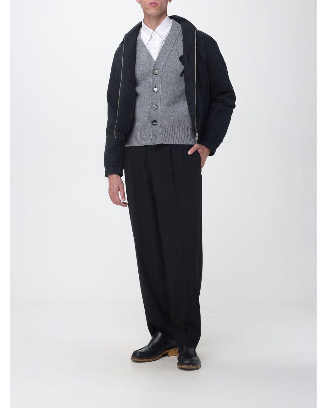 AMI Gray V-Neck Wool Cardigan With Contrast Logo for men