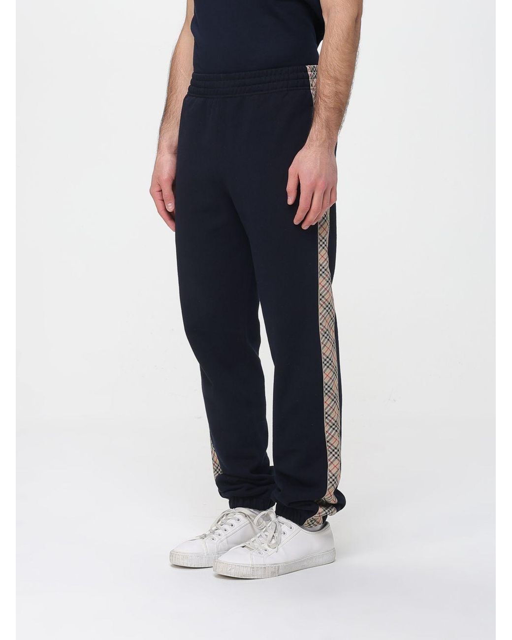 Burberry Blue Cotton Jogging Pants With Check Bands for men
