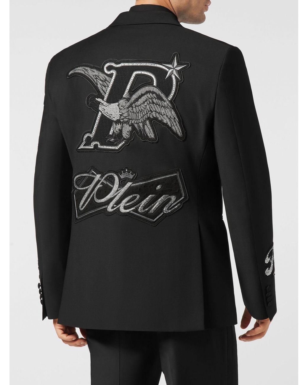 Philipp Plein Black Single-Breasted Wool-Blend Blazer With Peak Lapels And Logo Patch for men