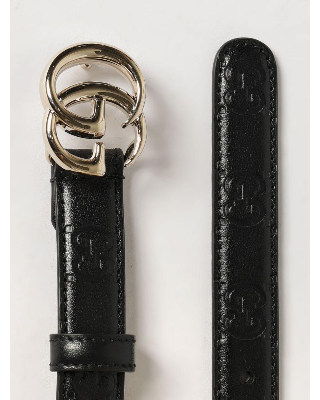 Gucci White Gg Marmont Slim Leather Belt With Monogram Buckle