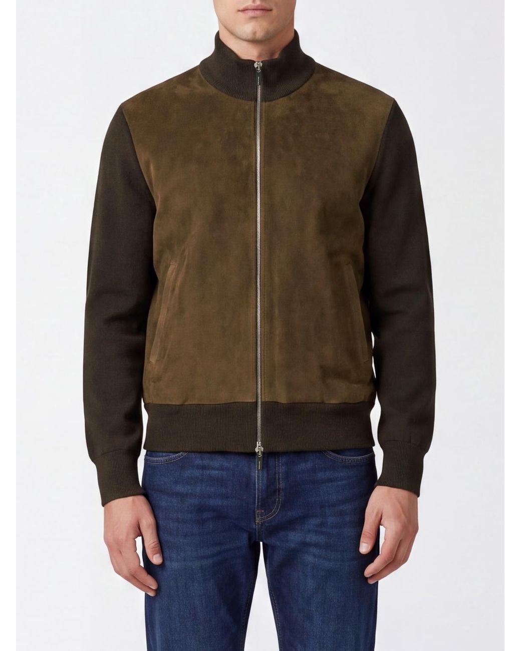 Ferragamo Brown Virgin Wool Bomber Jacket With Suede Calfskin Details for men