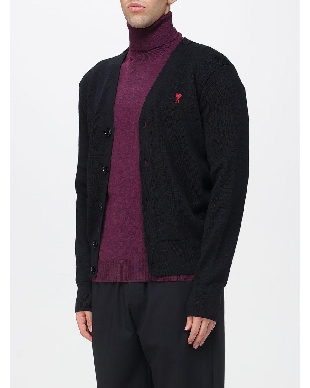 AMI Blue Merino Wool Cardigan With Embroidered Logo for men