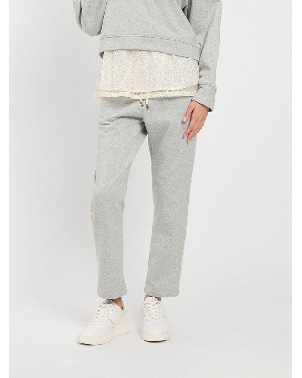Twinset Gray Cotton Blend Jogging Trousers With Sequin Embroidery And Elastic Waist