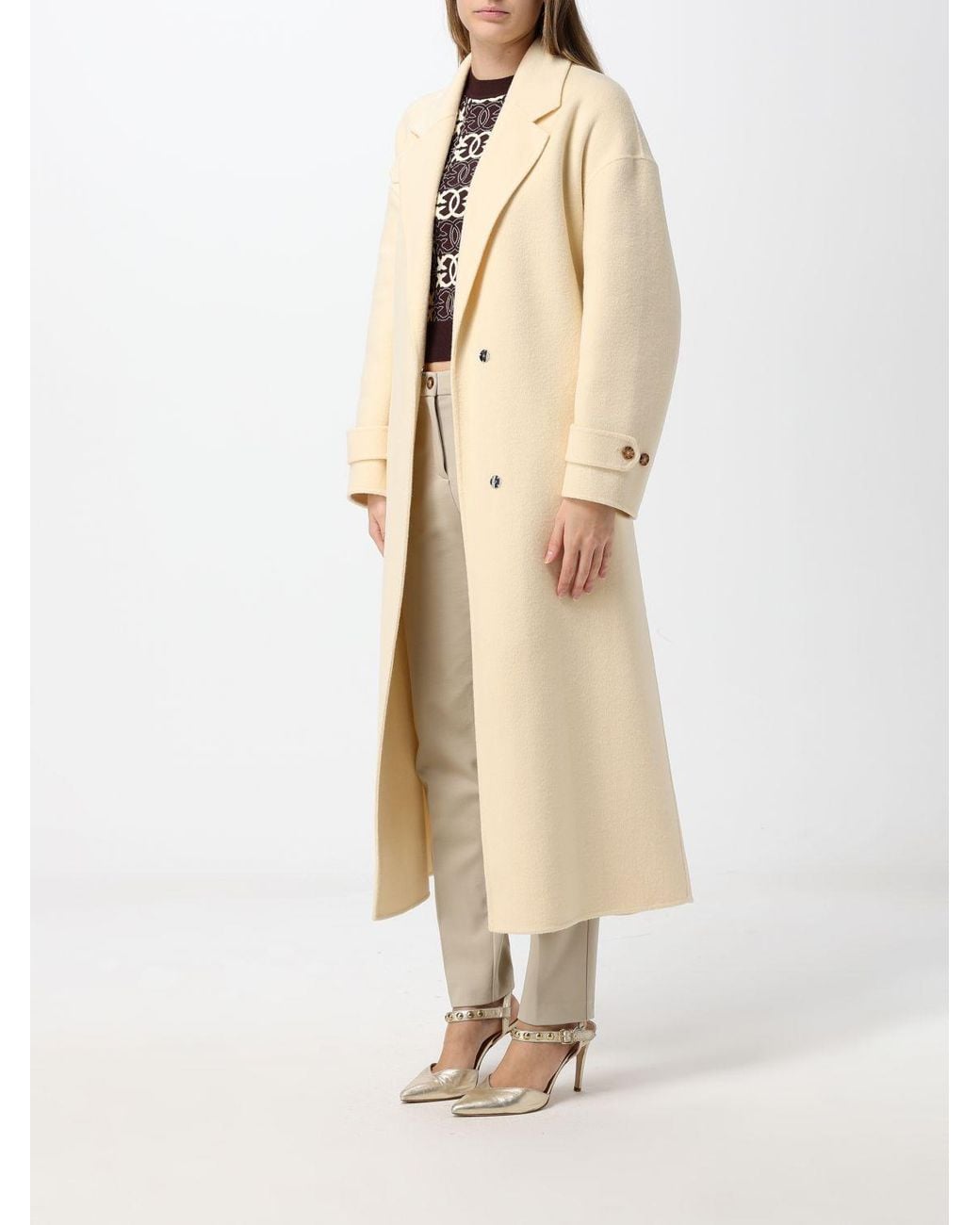 Pinko Natural Long Wool Robe Coat With A Belt And Lapel Collar