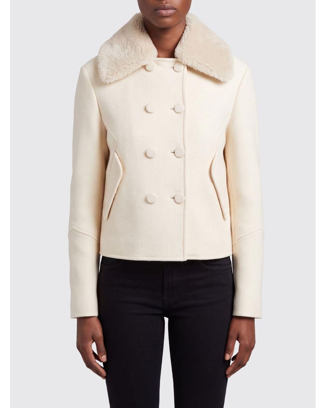 Ermanno Scervino Natural Short Double-Breasted Virgin Wool Coat With Fur Collar