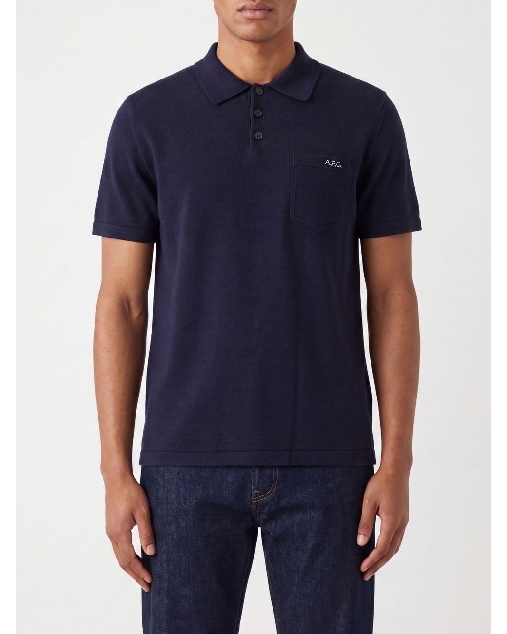 A.P.C. Blue Pure Virgin Wool Short-Sleeved Polo Shirt With Patch Pocket for men