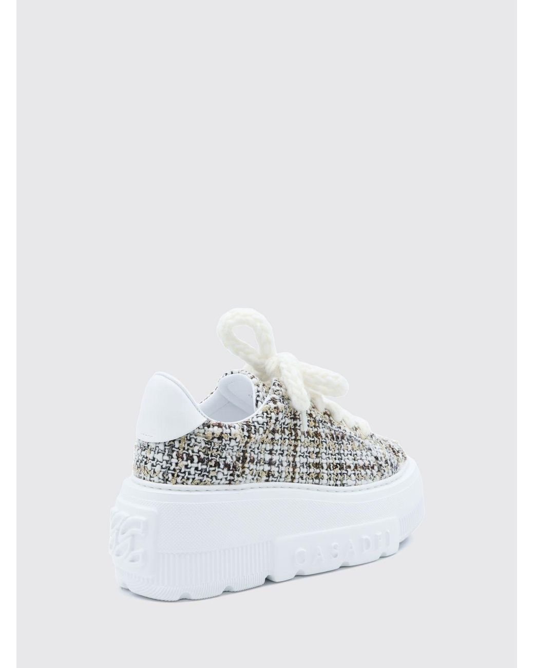 Casadei White Abstract Pattern Tweed Platform Trainers With Embossed Logo