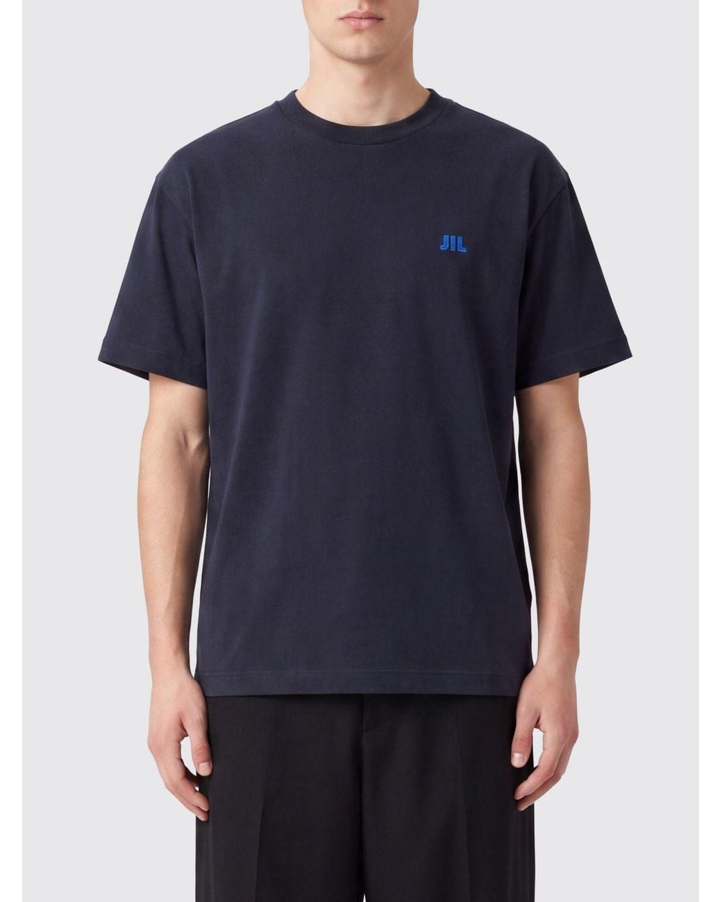 Jil Sander Blue Cotton Crewneck T-Shirt With Contrast Logo On Chest for men
