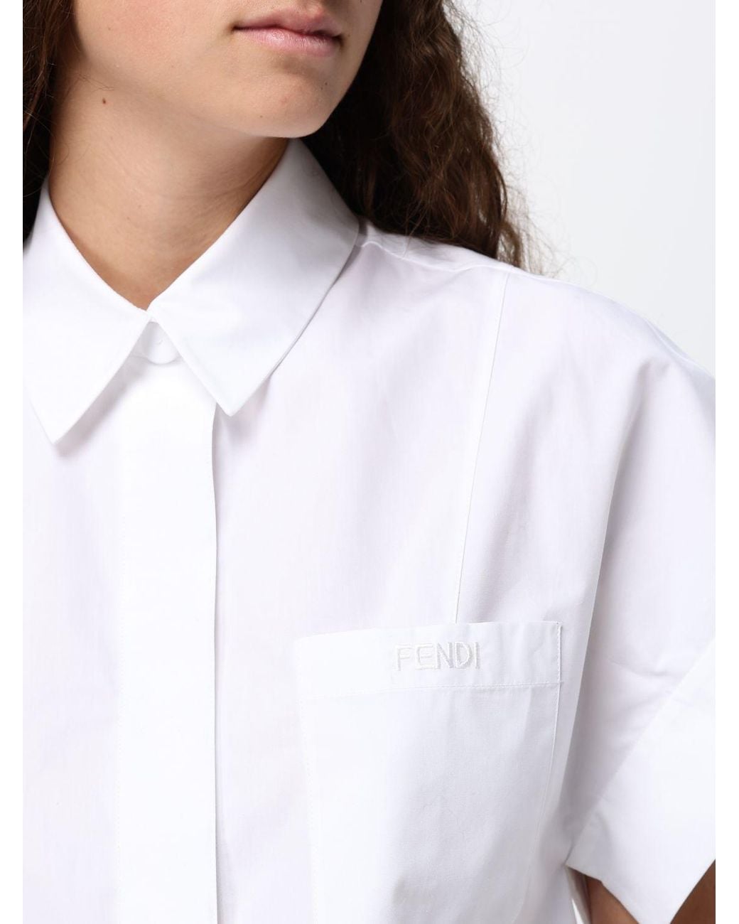 Fendi White Cropped Cotton Poplin Shirt With Patch Pocket And Short Sleeves